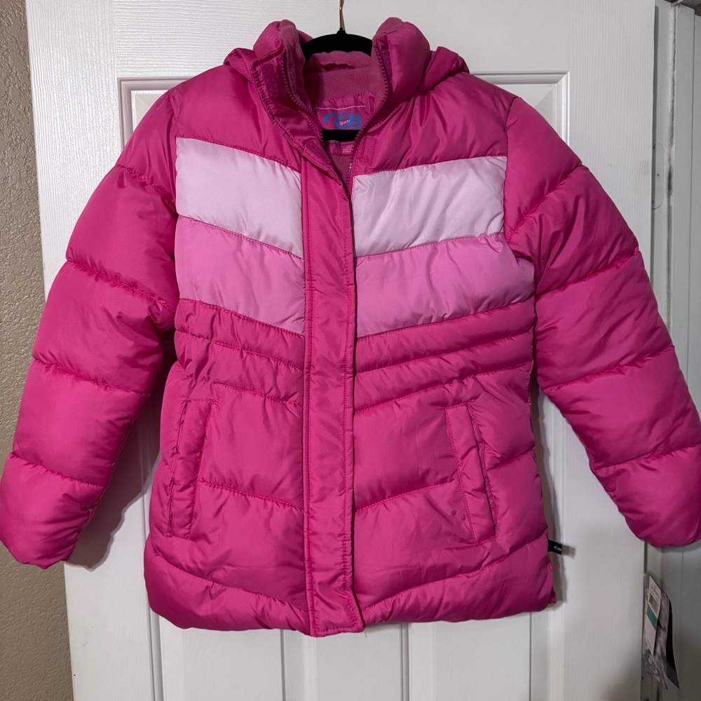 CB Sports Girls Pink Colorblocked Full Zip Hooded Puffer Coat Ski Jacket L 14/16